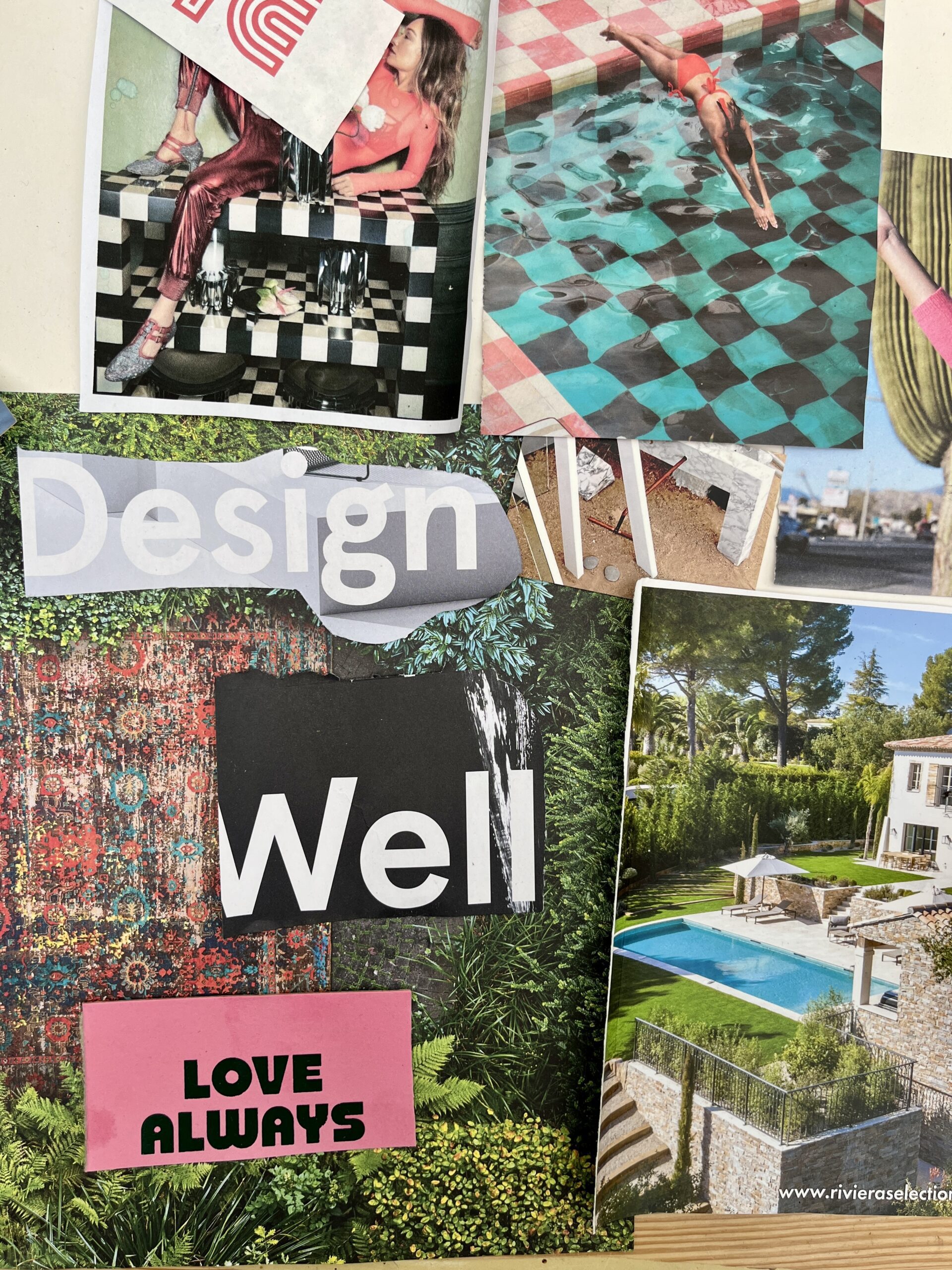 Design Well Love Always mood board collage with interiors and typography - creative vision by Rhizo Home