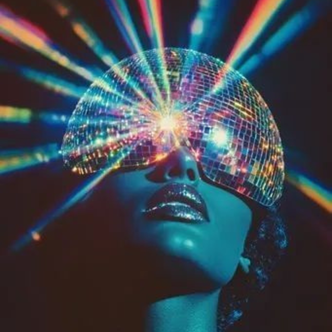 Woman with disco ball head and rainbow light rays - Dance N Declutter event by Rhizo Home